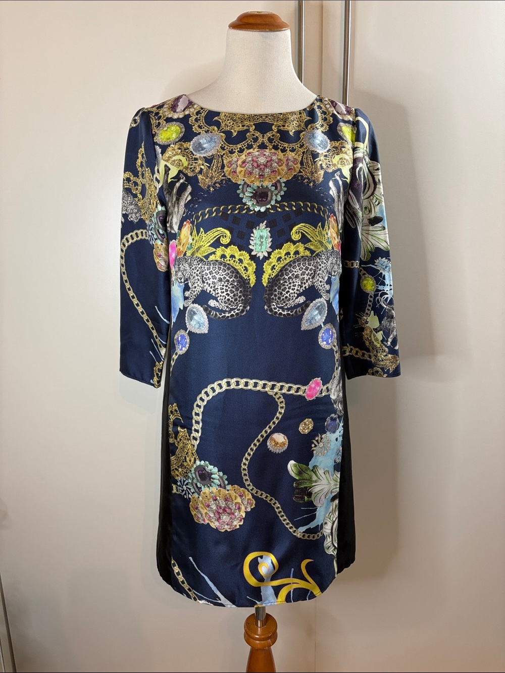 Tibi Navy Shift Dress with Gold Chain & Multicolor Floral Accents 6
